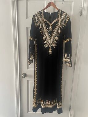 Black Embellished Maxi Dress with Gold Accents abaya